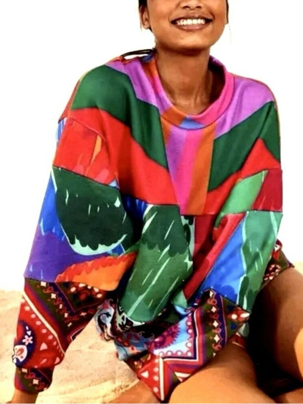 Farm Rio Colorful Oversized Scuba Sweatshirt Mixed Red Prints Small
